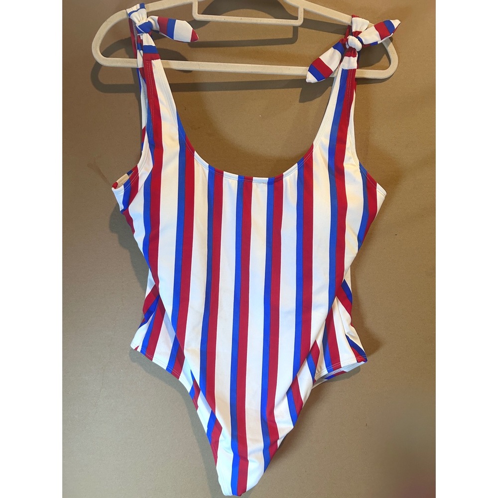 No Boundaries One Piece Swimsuit Juniors XL Red White Blue Striped Tie Shoulder